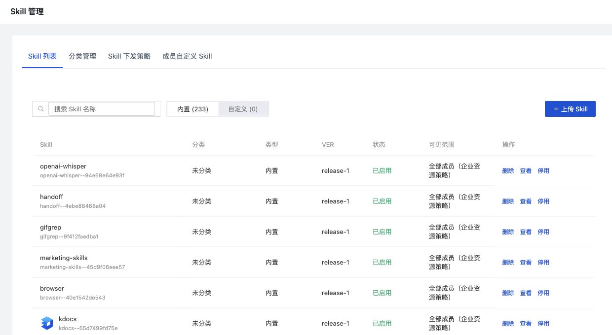 企业 Skill 目录中的版本、启用状态与成员可见范围